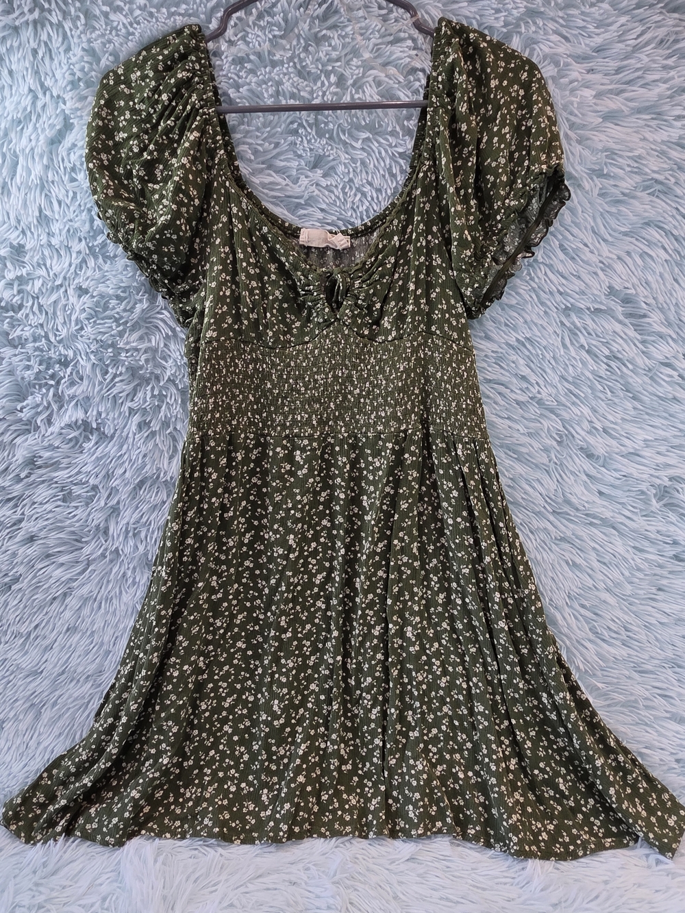 Just Found Green Floral Smocked Babydoll Dress - Puff Sleeve & Scoop Neck